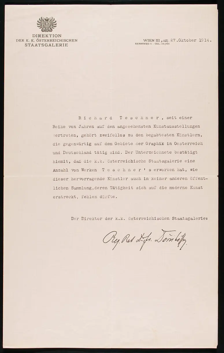 Bestätigung k.k. österreichische Staatsgalerie