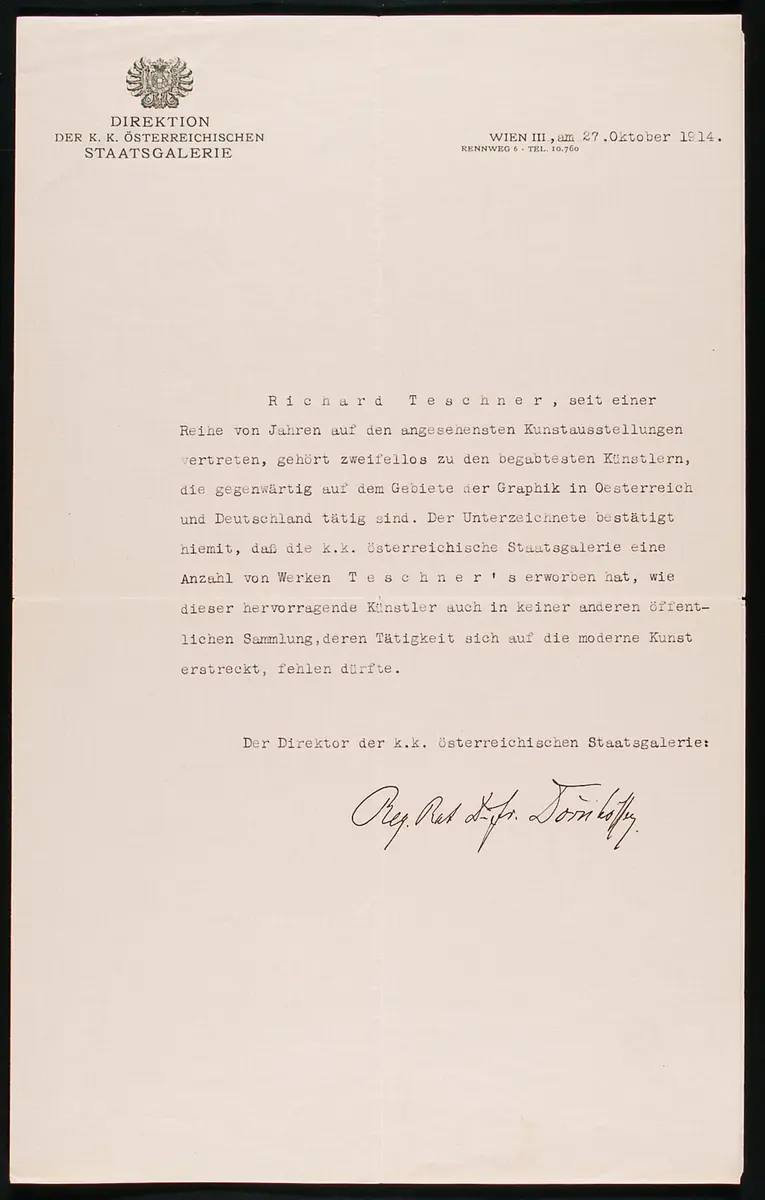 Bestätigung k.k. österreichische Staatsgalerie