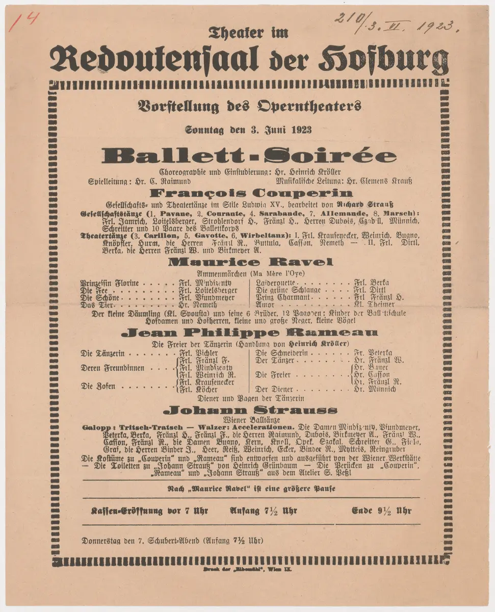Ballett-Soirée, Verweis auf Stücktitel: François Couperin, Verweis auf Stücktitel: Maurice Ravel, Verweis auf Stücktitel: Jean Philippe Rameau, Verweis auf Stücktitel: Johann Strauss