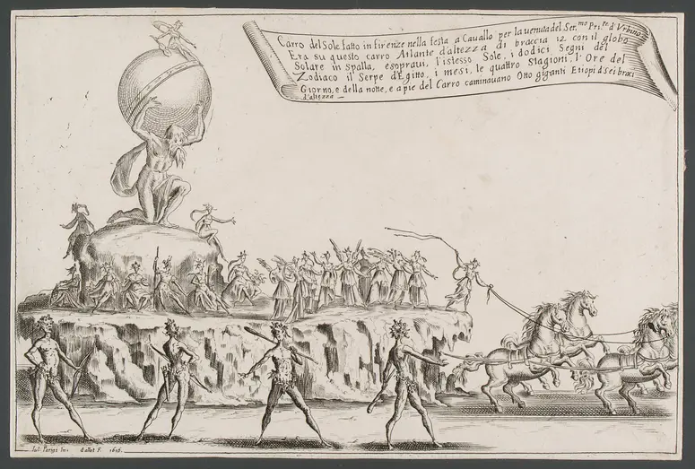 Guerra di bellezza, Titel in Vorlageform: Guerra di bellezza. Festa a cavallo fatta in Firenze per la venuta del Serenissimo Principe d'Urbino. L'Ottobre del 1616.