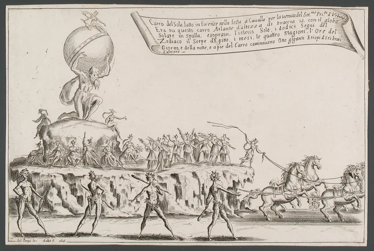 Guerra di bellezza, Titel in Vorlageform: Guerra di bellezza. Festa a cavallo fatta in Firenze per la venuta del Serenissimo Principe d'Urbino. L'Ottobre del 1616.