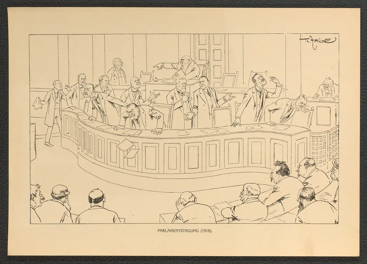Parlamentstagung. (1918), Titel der Serie: Theo Zasche's Lachendes Wien