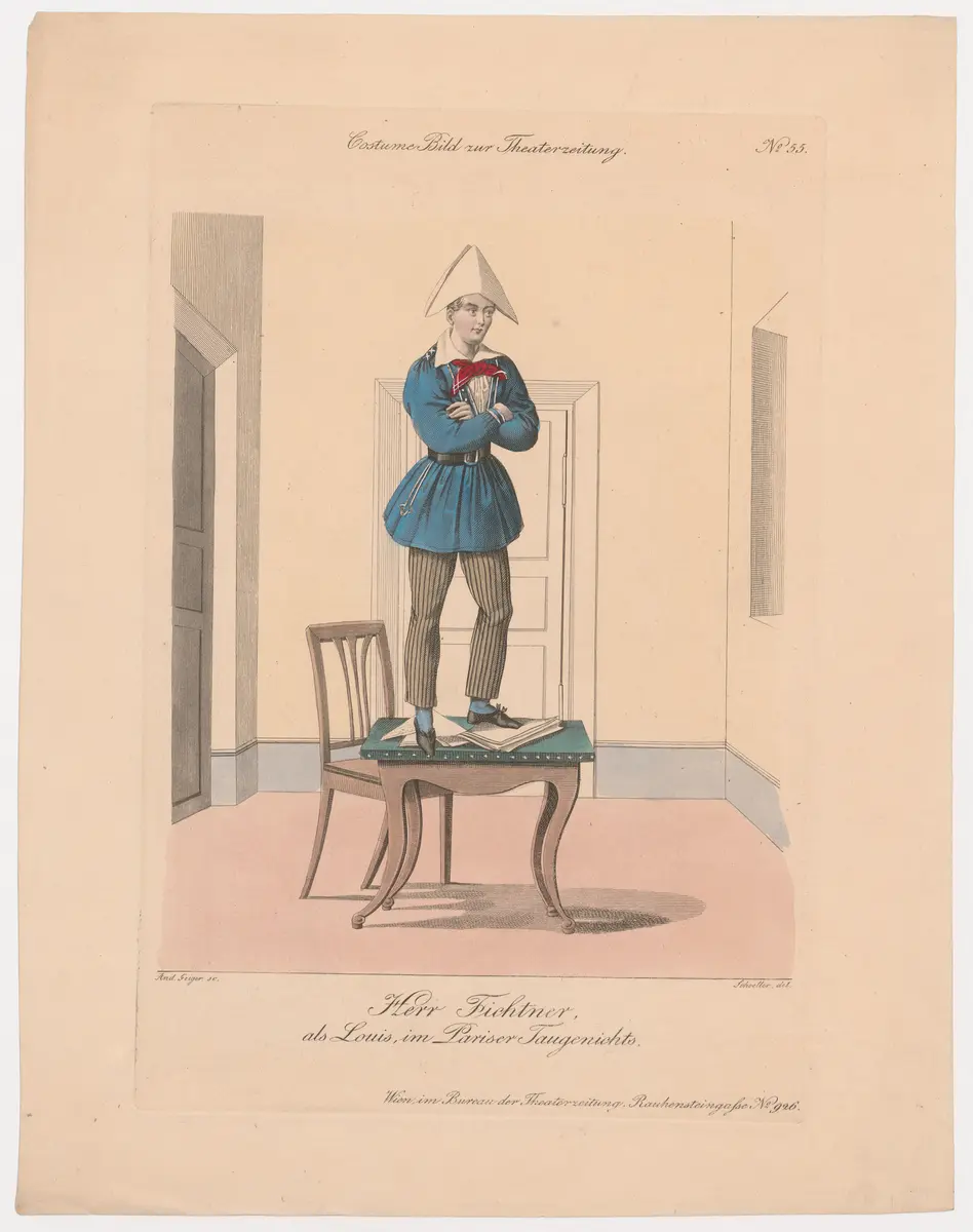 Karl Fichtner, Titel der Serie: Costume-Bild, Name der Zeitschrift: Wiener Theaterzeitung, Verweis auf Stücktitel: Der Pariser Taugenichts