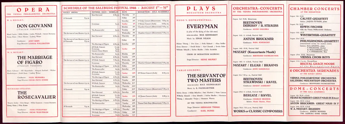 Salzburger Festspiele 1946, Titel in Vorlageform: Salzburg Festivals 1946, Verweis auf Stücktitel: Don Giovanni, Verweis auf Stücktitel: Figaros Hochzeit, Verweis auf Stücktitel: Der Rosenkavalier, Verweis auf Stücktitel: Jedermann, Verweis auf Stücktitel: Der Diener zweier Herren