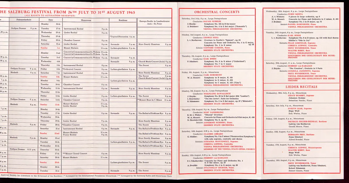 Salzburger Festspiele 1965, Titel in Vorlageform: Salzburg Festival 1965, Verweis auf Stücktitel: Boris Godunow, Verweis auf Stücktitel: Cosi fan tutte, Verweis auf Stücktitel: Die Entführung aus dem Serail, Verweis auf Stücktitel: Die Gärtnerin aus Liebe, Verweis auf Stücktitel: Ariadne auf Naxos, Verweis auf Stücktitel: Elektra, Verweis auf Stücktitel: Macbeth, Verweis auf Stücktitel: Jedermann, Verweis auf Stücktitel: Faust, Verweis auf Stücktitel: König Ödipus / Ödipus auf Kolonos