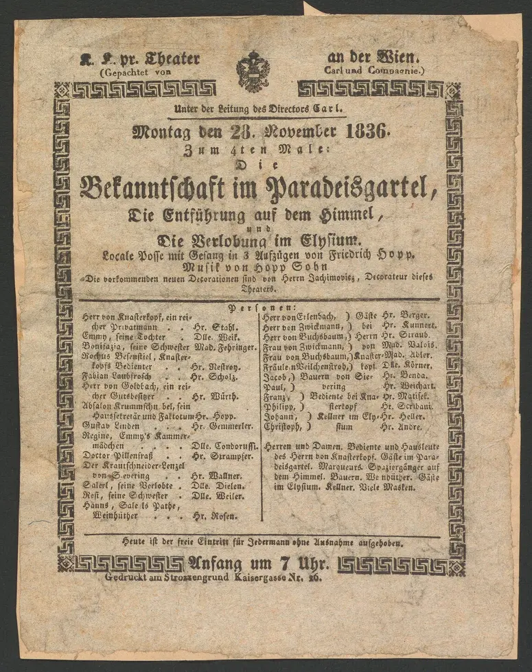 Bekanntschaft im Paradeisgartel, Die Entführung auf dem Himmel, und Die Verlobung im Elysium