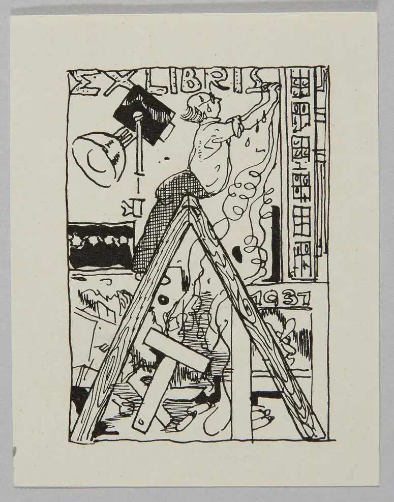 Exlibris Richard Teschner, Titel in Vorlageform: Exlibris RT, Alternativtitel: Scherzexlibris für Silvester 1931