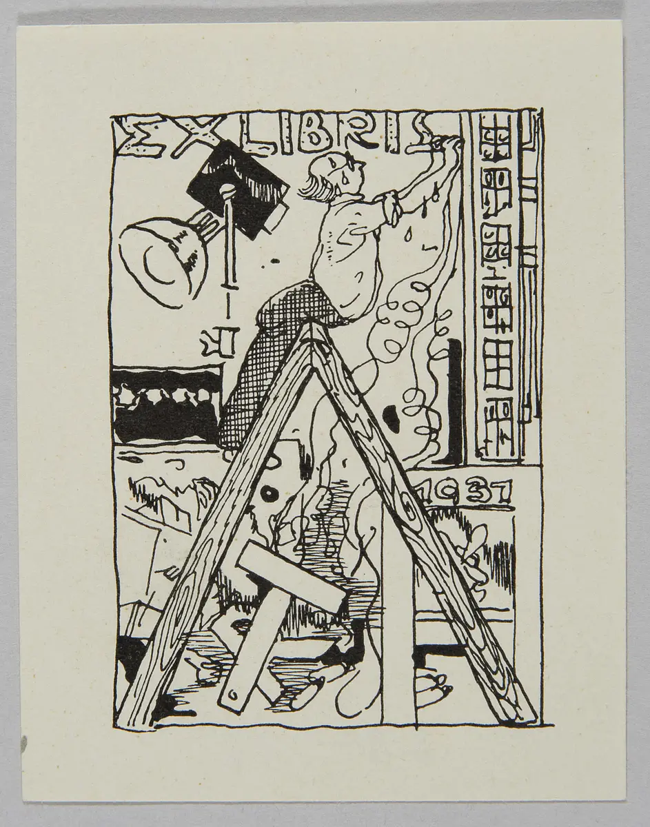 Exlibris Richard Teschner, Titel in Vorlageform: Exlibris RT, Alternativtitel: Scherzexlibris für Silvester 1931