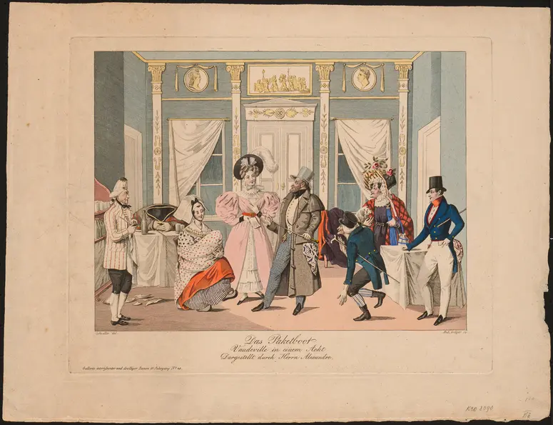 Das Paketboot, Titel der Serie: Gallerie interessanter und drolliger Scenen, Name der Zeitschrift: Wiener Theaterzeitung