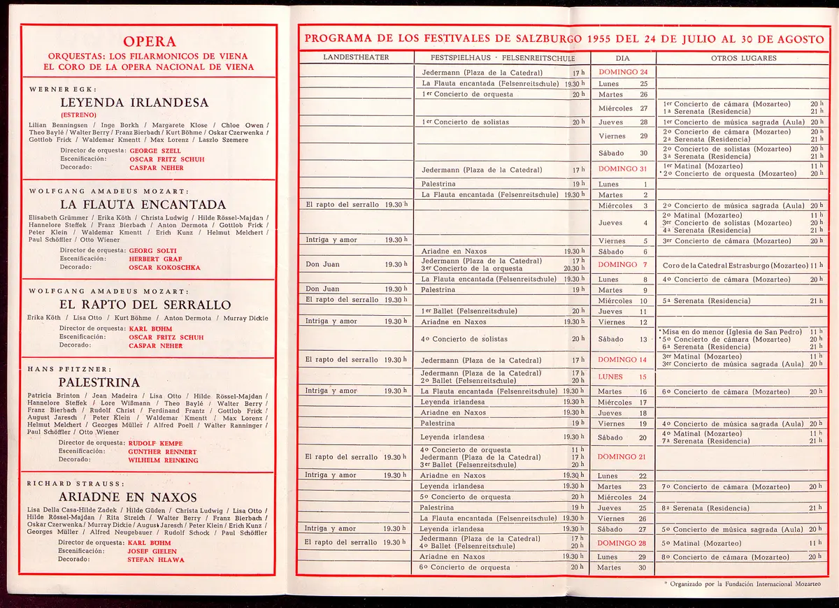 Salzburger Festspiele 1955, Titel in Vorlageform: Salzburgo Festivales de 1955, Verweis auf Stücktitel: Irische Legende, Verweis auf Stücktitel: Zauberflöte, Verweis auf Stücktitel: Entführung aus dem Serail, Verweis auf Stücktitel: Palestrina, Verweis auf Stücktitel: Ariadne auf Naxos, Verweis auf Stücktitel: Jedermann, Verweis auf Stücktitel: Kabale und Liebe