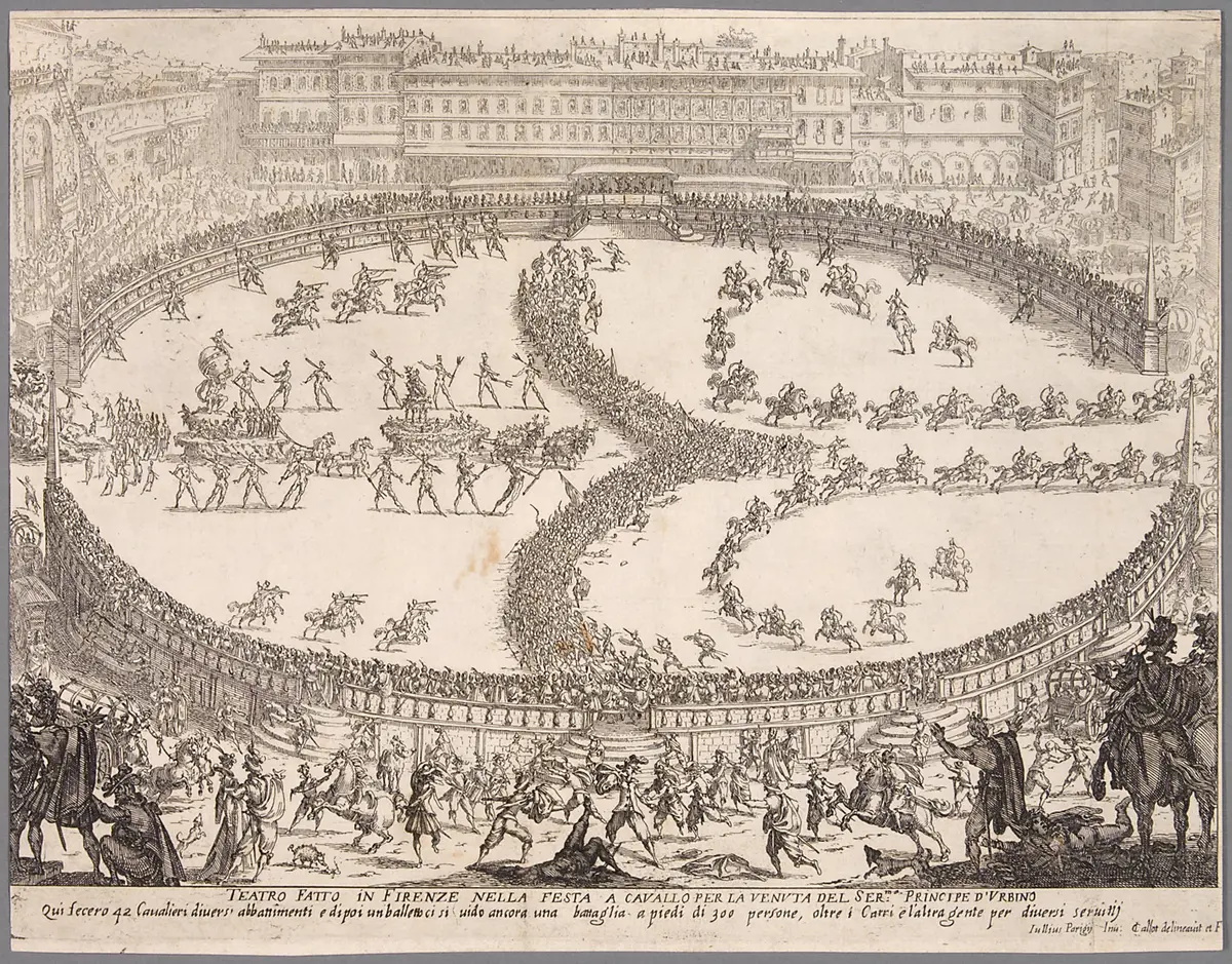 Guerra di bellezza, Titel in Vorlageform: Guerra di bellezza. Festa a cavallo fatta in Firenze per la venuta del Serenissimo Principe d'Urbino. L'Ottobre del 1616.