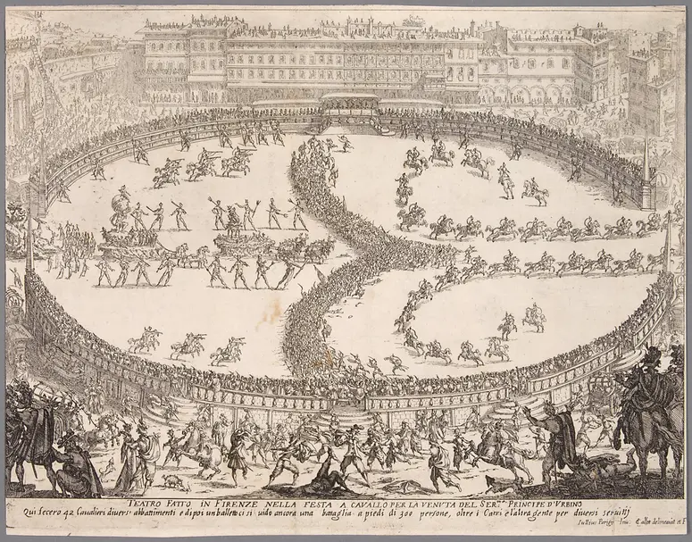 Guerra di bellezza, Titel in Vorlageform: Guerra di bellezza. Festa a cavallo fatta in Firenze per la venuta del Serenissimo Principe d'Urbino. L'Ottobre del 1616.