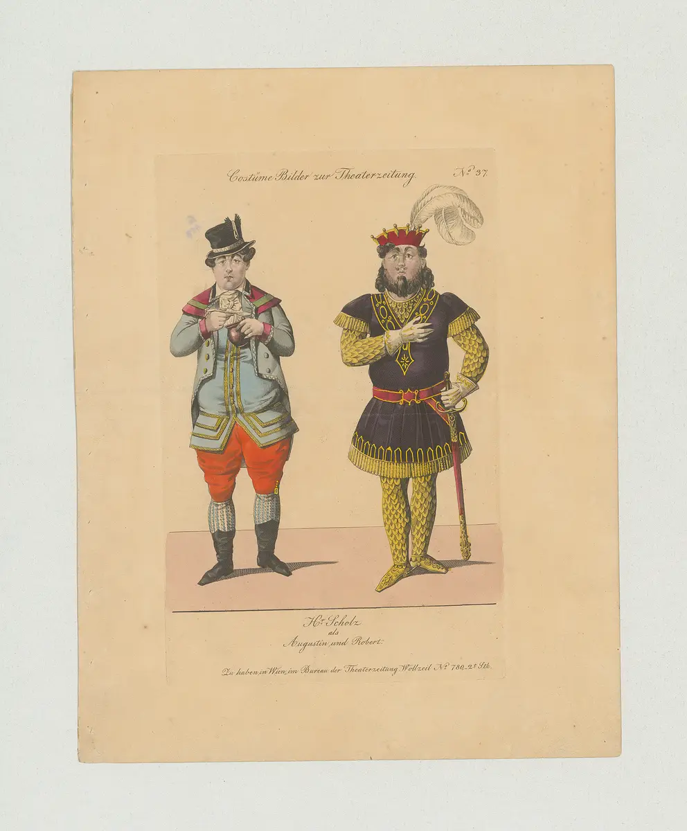 Wenzel Scholz, Titel der Serie: Costume-Bild, Name der Zeitschrift: Wiener Theaterzeitung, Verweis auf Stücktitel: Entführung vom Maskenball, Verweis auf Stücktitel: Die Träume von Schale und Kern