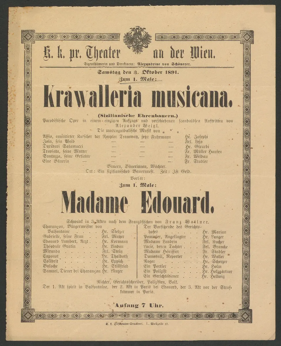 Krawalleria musicana, Weiterer Titel: Sizilianische Ehrenbauern, Madame Edouard