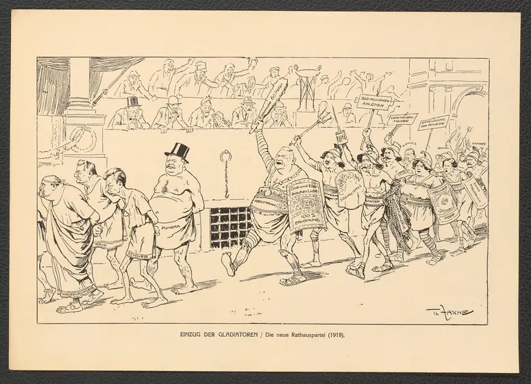 Einzug der Gladiatoren. (Die neue Rathauspartei, 1919), Titel der Serie: Theo Zasche's Lachendes Wien