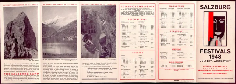 Salzburger Festspiele 1948, Titel in Vorlageform: Salzburg Festivals 1948, Verweis auf Stücktitel: Fidelio, Verweis auf Stücktitel: Orpheus und Eurydike, Verweis auf Stücktitel: Le vin herbé (Der Zaubertrank), Verweis auf Stücktitel: Figaros Hochzeit, Verweis auf Stücktitel: Entführung aus dem Serail, Verweis auf Stücktitel: Jedermann, Verweis auf Stücktitel: Des Meeres und der Liebe Wellen