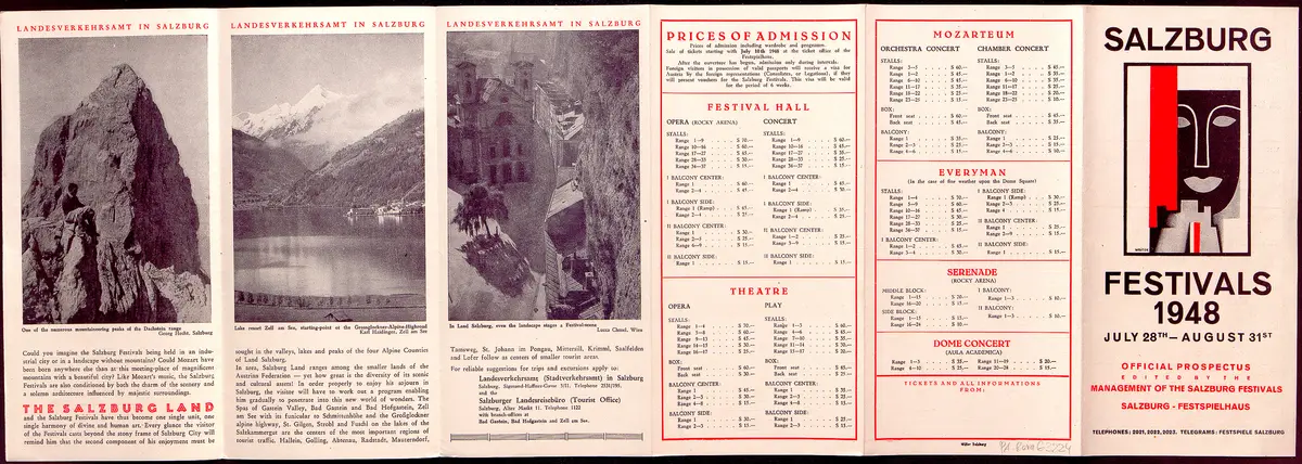 Salzburger Festspiele 1948, Titel in Vorlageform: Salzburg Festivals 1948, Verweis auf Stücktitel: Fidelio, Verweis auf Stücktitel: Orpheus und Eurydike, Verweis auf Stücktitel: Le vin herbé (Der Zaubertrank), Verweis auf Stücktitel: Figaros Hochzeit, Verweis auf Stücktitel: Entführung aus dem Serail, Verweis auf Stücktitel: Jedermann, Verweis auf Stücktitel: Des Meeres und der Liebe Wellen