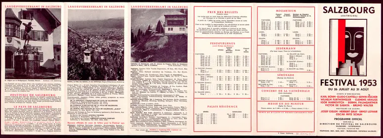 Salzburger Festspiele 1953, Titel in Vorlageform: Salzbourg Festival 1953, Verweis auf Stücktitel: Der Prozess, Verweis auf Stücktitel: Cosi fan tutte, Verweis auf Stücktitel: Don Giovanni, Verweis auf Stücktitel: Die Hochzeit des Figaro, Verweis auf Stücktitel: Der Rosenkavalier, Verweis auf Stücktitel: Jedermann, Verweis auf Stücktitel: Julius Cäsar