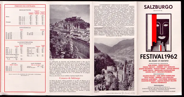 Salzburger Festspiele 1962, Titel in Vorlageform: Salzburgo Festival 1962, Verweis auf Stücktitel: Iphigenie in Aulis, Verweis auf Stücktitel: Cosi fan tutte, Verweis auf Stücktitel: Die Entführung aus dem Serail, Verweis auf Stücktitel: Figaros Hochzeit, Verweis auf Stücktitel: Idomeneo, Verweis auf Stücktitel: Der Troubadour, Verweis auf Stücktitel: Jedermann, Verweis auf Stücktitel: Faust, Verweis auf Stücktitel: Lumpazivagabundus, Verweis auf Stücktitel: Der Bauer als Millionär