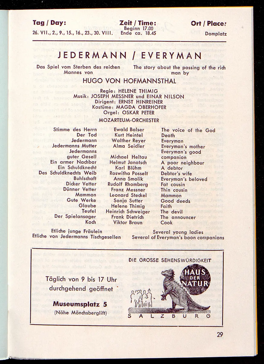 Salzburger Festspiele 1964, Titel in Vorlageform: Salzburgo Festival 1964, Verweis auf Stücktitel: Cosi fan tutte, Verweis auf Stücktitel: Figaros Hochzeit, Verweis auf Stücktitel: Lucio Silla, Verweis auf Stücktitel: Die Zauberflöte, Verweis auf Stücktitel: Ariadne auf Naxos, Verweis auf Stücktitel: Elektra, Verweis auf Stücktitel: Der Rosenkavalier, Verweis auf Stücktitel: Macbeth, Verweis auf Stücktitel: Jedermann, Verweis auf Stücktitel: Faust, Verweis auf Stücktitel: Die lustigen Weiber von Windsor