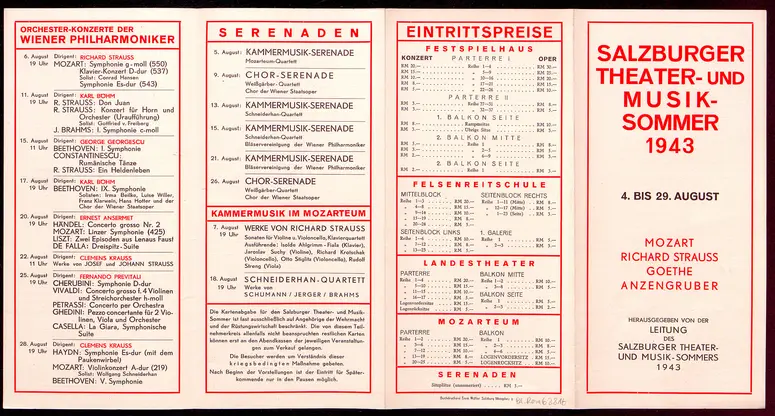 Salzburger Festspiele 1943, Verweis auf Stücktitel: Die Zauberflöte, Verweis auf Stücktitel: Arabella, Verweis auf Stücktitel: Iphigenie auf Tauris, Verweis auf Stücktitel: Der Meineidbauer, Verweis auf Stücktitel: Der G'wissenswurm
