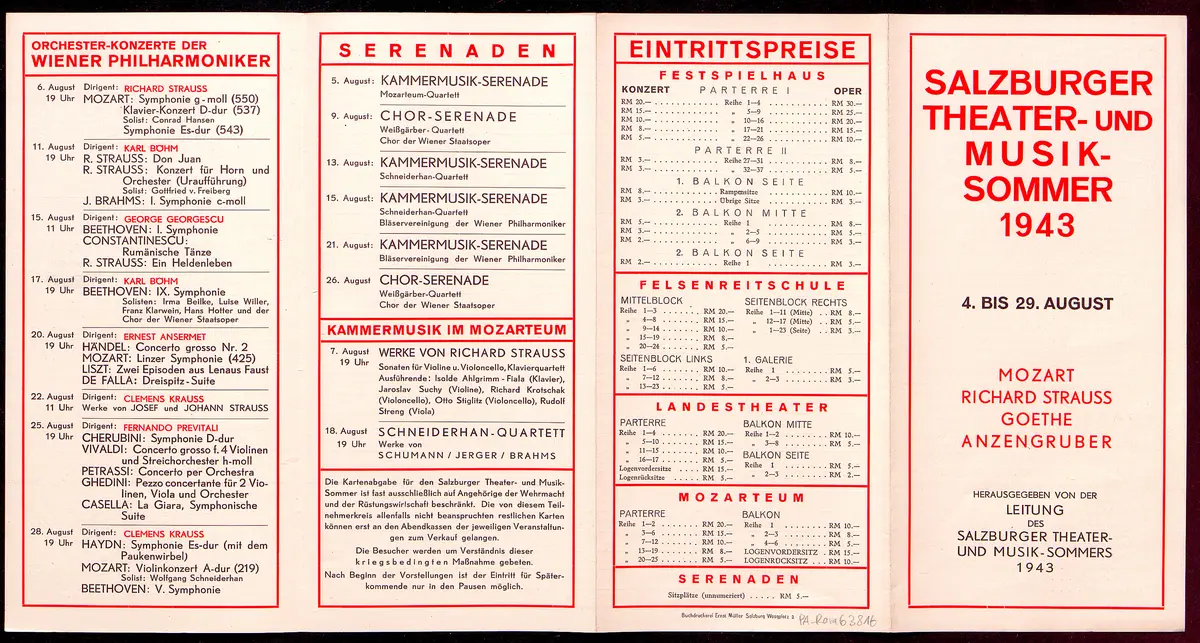Salzburger Festspiele 1943, Verweis auf Stücktitel: Die Zauberflöte, Verweis auf Stücktitel: Arabella, Verweis auf Stücktitel: Iphigenie auf Tauris, Verweis auf Stücktitel: Der Meineidbauer, Verweis auf Stücktitel: Der G'wissenswurm