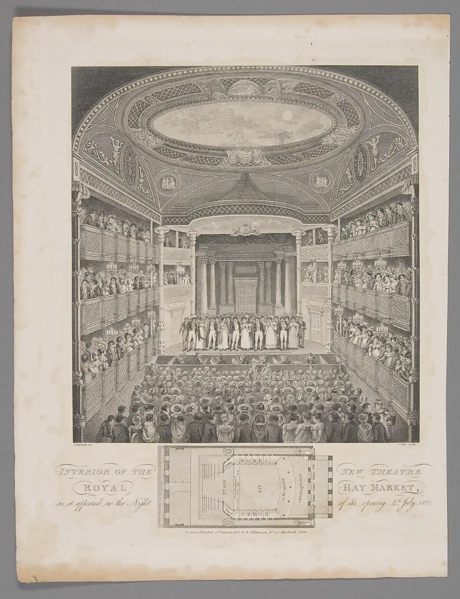 London, Haymarket Theatre, Alternativtitel: London, Theatre Royal, Haymarket, Titel in Vorlageform: Interior of the New Theatre Royal, Haymarket, as it appeared on the Night of its opening 4th. July, 1821., Titel der Serie: Londina Illustrata