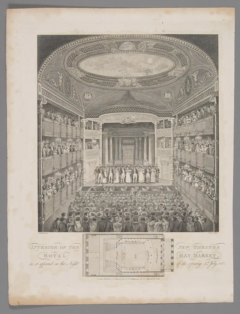 London, Haymarket Theatre, Alternativtitel: London, Theatre Royal, Haymarket, Titel in Vorlageform: Interior of the New Theatre Royal, Haymarket, as it appeared on the Night of its opening 4th. July, 1821., Titel der Serie: Londina Illustrata