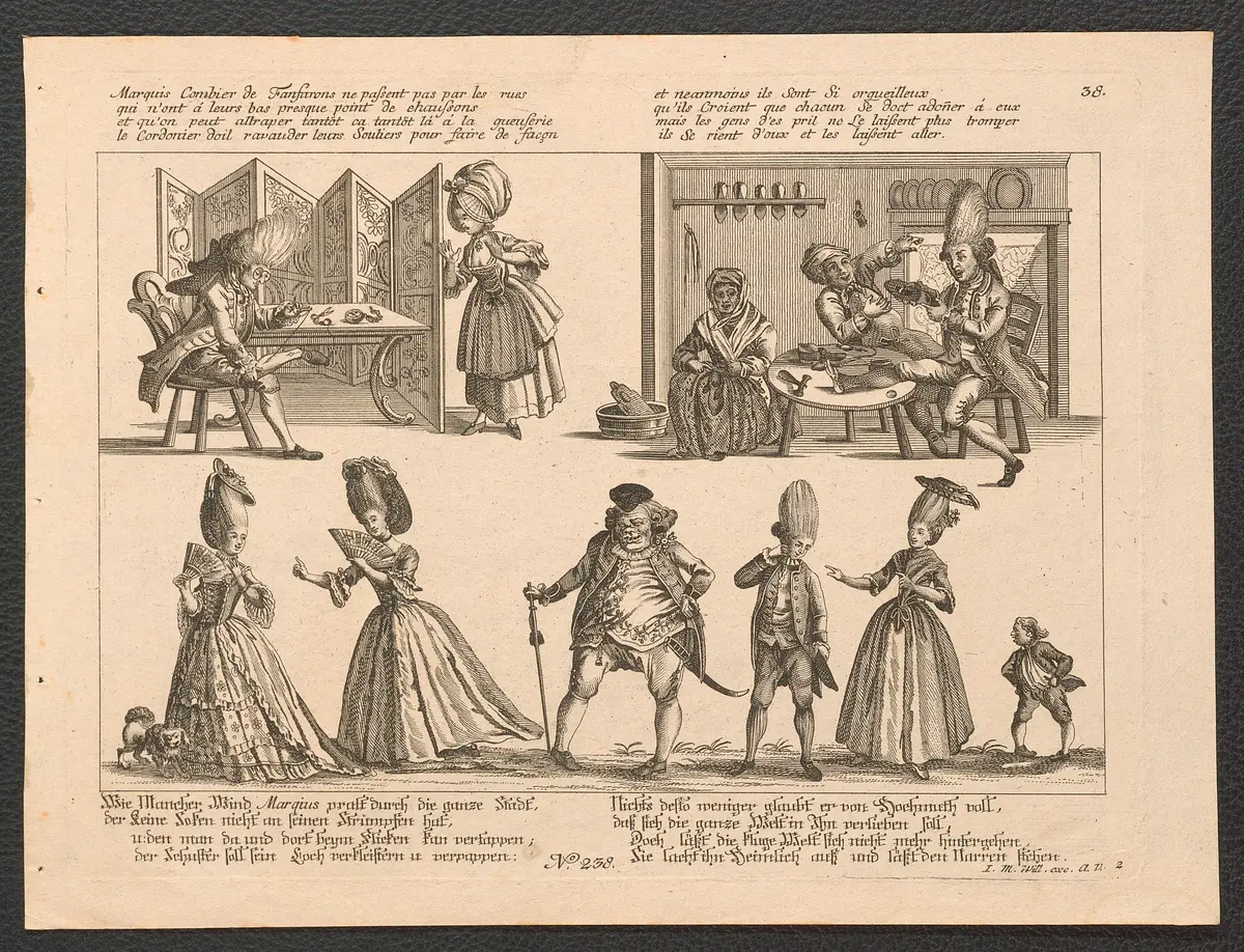 Wie Mancher Wind Marquis pralt durch die ganze Stadt, / der keine Socken nicht an seinen Strümpfen hat [...], Weiterer Titel: Marquis Combier de Fanfarons ne passent pas par les rues / qui n'ont á leurs bas presque point de ehaussons [...]