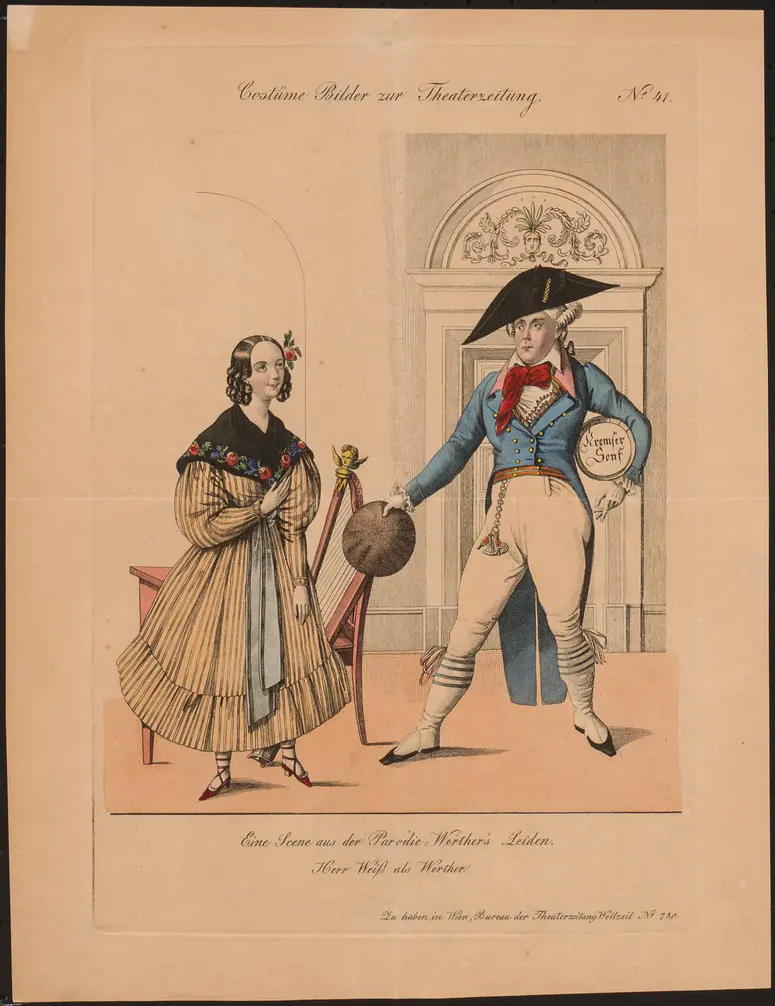 Werther's Leiden, Alternativtitel: Werthers Leiden oder der Pudel als Retter, Titel der Serie: Costume-Bild, Name der Zeitschrift: Wiener Theaterzeitung