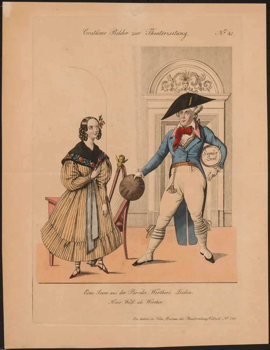 Werther's Leiden, Alternativtitel: Werthers Leiden oder der Pudel als Retter, Titel der Serie: Costume-Bild, Name der Zeitschrift: Wiener Theaterzeitung