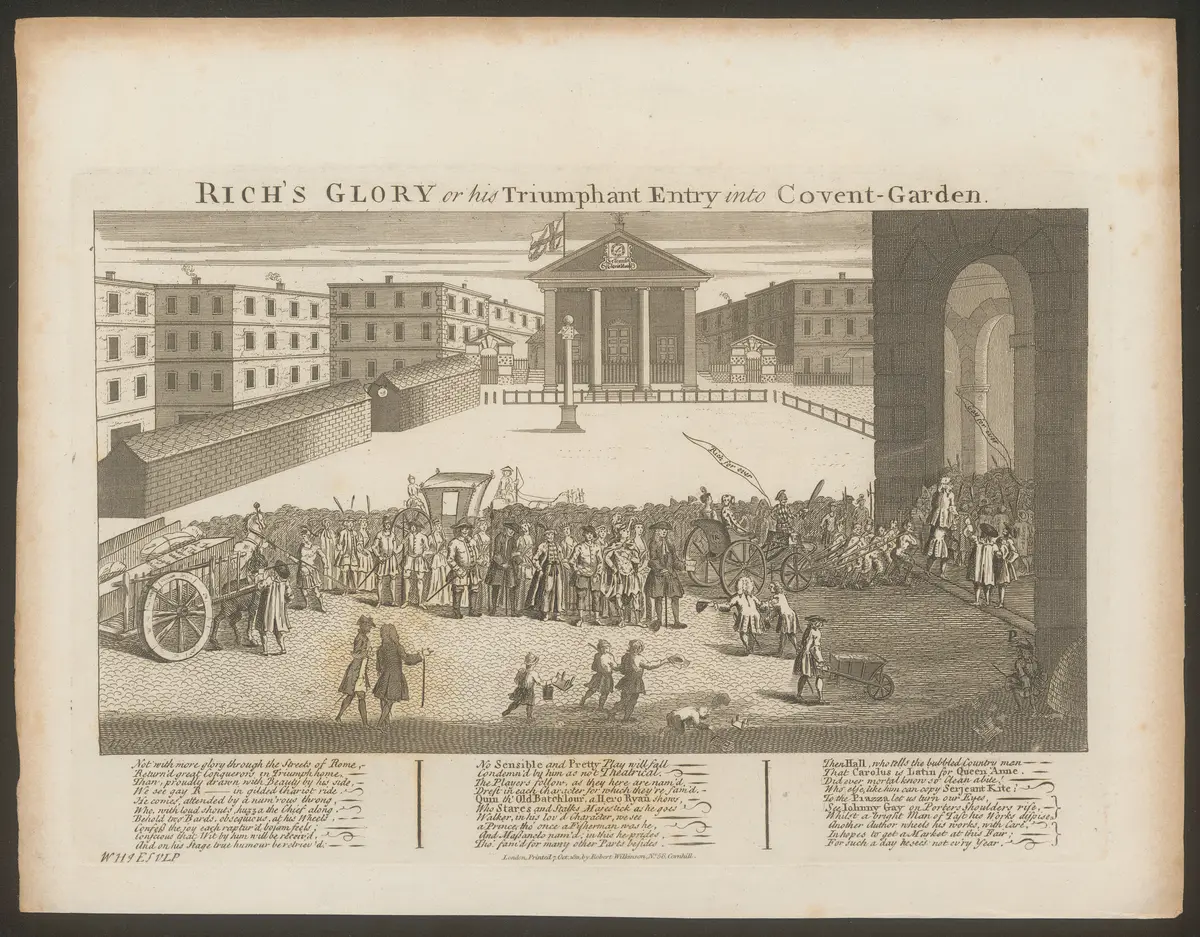 London, Covent Garden, Alternativtitel: London, Theatre Royal, Covent Garden, Titel in Vorlageform: Rich's Glory or hir Triumphant Entry into Covent-Garden, Titel der Serie: Londina Illustrata