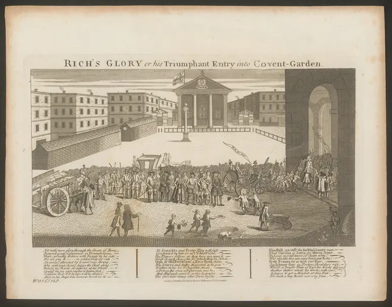 London, Covent Garden, Alternativtitel: London, Theatre Royal, Covent Garden, Titel in Vorlageform: Rich's Glory or hir Triumphant Entry into Covent-Garden, Titel der Serie: Londina Illustrata