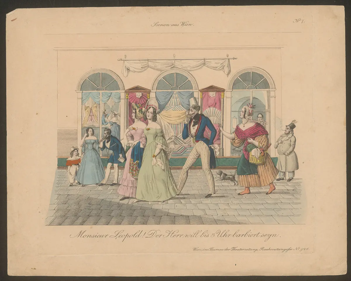 Monsieur Leopold! Der Herr will bis 3 Uhr barbiert seyn., Titel der Serie: Wiener Scene, Name der Zeitschrift: Wiener Theaterzeitung