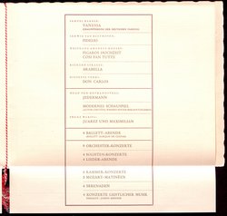Salzburger Festspiele 1958, Verweis auf Stücktitel: Vanessa, Verweis auf Stücktitel: Fidelio, Verweis auf Stücktitel: Cosi fan tutte, Figaros Hochzeit, Verweis auf Stücktitel: Arabella, Verweis auf Stücktitel: Don Carlos, Verweis auf Stücktitel: Jedermann, Verweis auf Stücktitel: Juarez und Maximilian, Verweis auf Stücktitel: Ein Hauch von Poesie