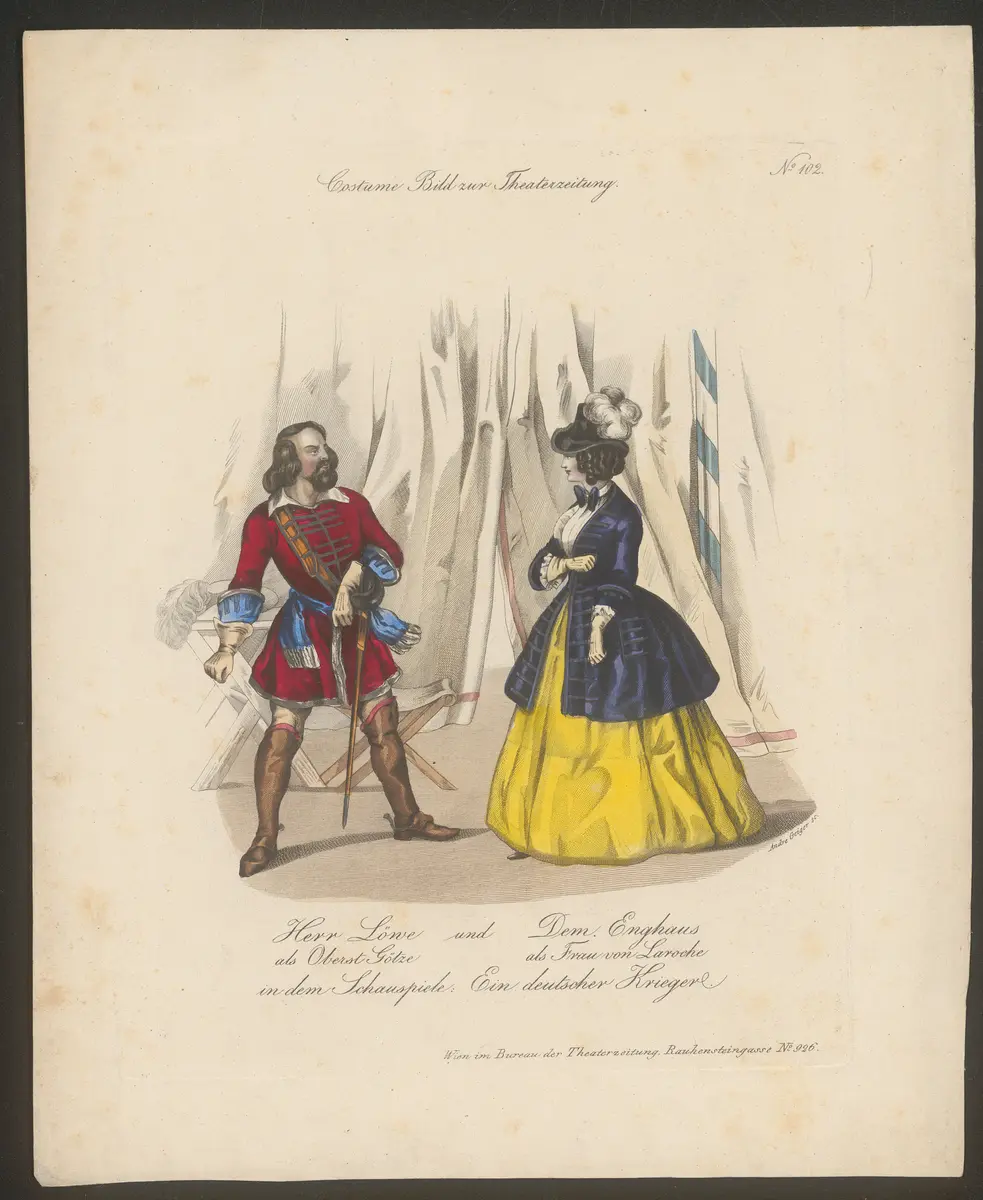 Ein deutscher Krieger, Titel in Vorlageform: Herr Löwe und Dem. Enghaus [...] in dem Schauspiele: Ein deutscher Krieger, Titel der Serie: Costume-Bild, Name der Zeitschrift: Wiener Theaterzeitung
