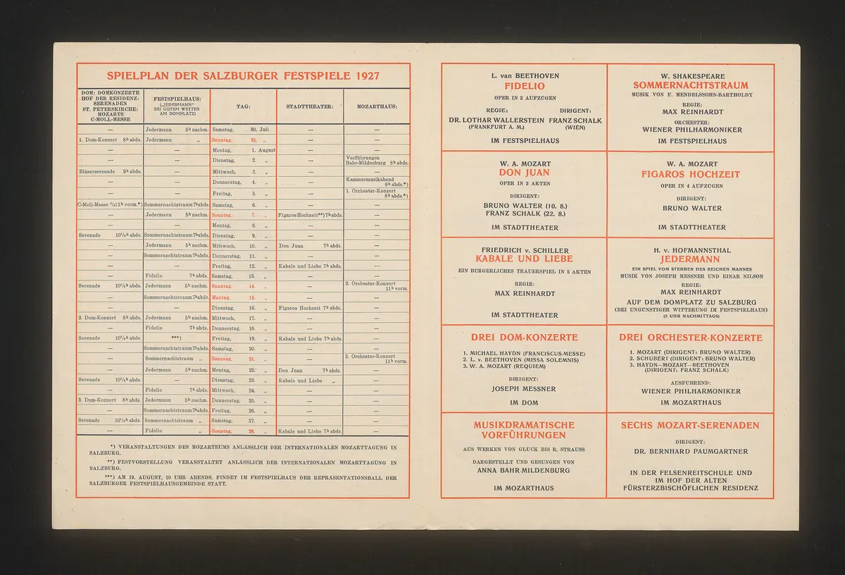 Salzburger Festspiele 1927, Verweis auf Stücktitel: Fidelio, Verweis auf Stücktitel: Don Juan, Verweis auf Stücktitel: Figaros Hochzeit, Verweis auf Stücktitel: Kabale und Liebe, Verweis auf Stücktitel: Sommernachtstraum, Verweis auf Stücktitel: Jedermann