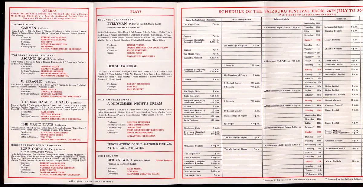 Salzburger Festspiele 1967, Titel in Vorlageform: Salzburg Festival 1967, Verweis auf Stücktitel: Carmen, Verweis auf Stücktitel: Ascanio in Alba, Verweis auf Stücktitel: Die Entführung aus dem Serail, Verweis auf Stücktitel: Figaros Hochzeit, Verweis auf Stücktitel: Die Zauberflöte, Verweis auf Stücktitel: Boris Godunow, Verweis auf Stücktitel: Jedermann, Verweis auf Stücktitel: Der Schwierige, Verweis auf Stücktitel: Ein Sommernachtstraum