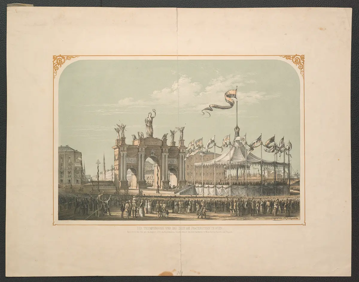 Wien (allgemein), Praterstern, Titel in Vorlageform: Der Triumphbogen und das Zelt am Praterstern in Wien