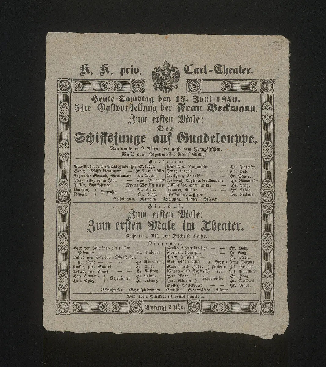 Der Schiffsjunge auf Guadelouppe, Zum ersten Male im Theater