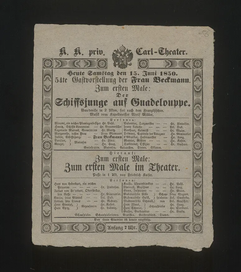 Der Schiffsjunge auf Guadelouppe, Zum ersten Male im Theater