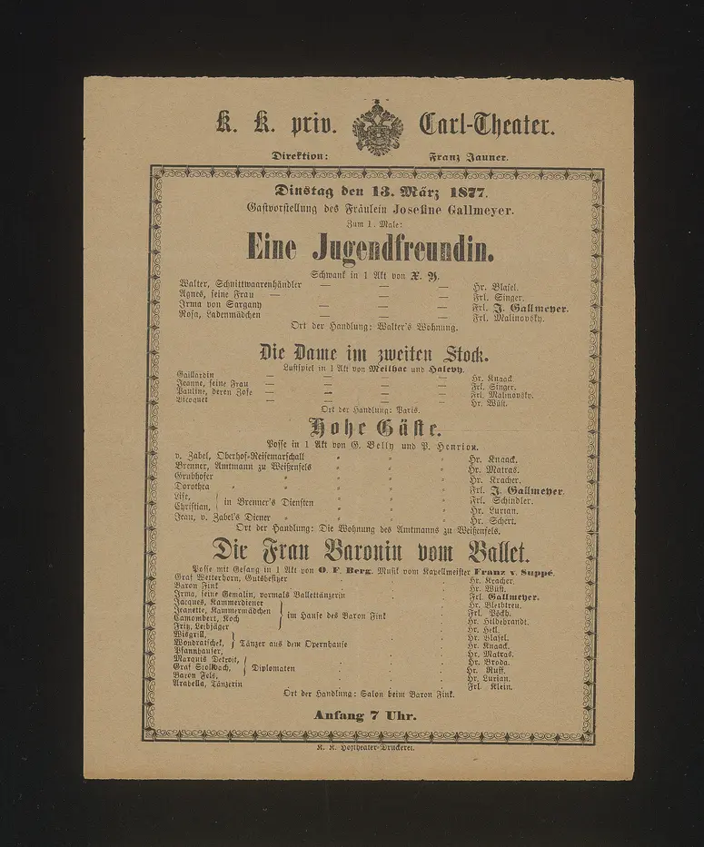 Eine Jugendfreundin, Die Dame im zweiten Stock, Hohe Gäste, Die Frau Baronin vom Ballet