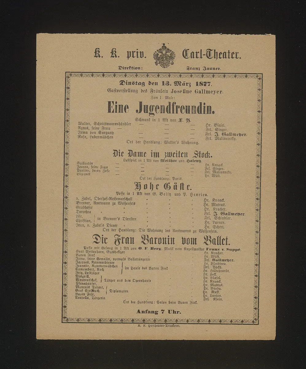 Eine Jugendfreundin, Die Dame im zweiten Stock, Hohe Gäste, Die Frau Baronin vom Ballet