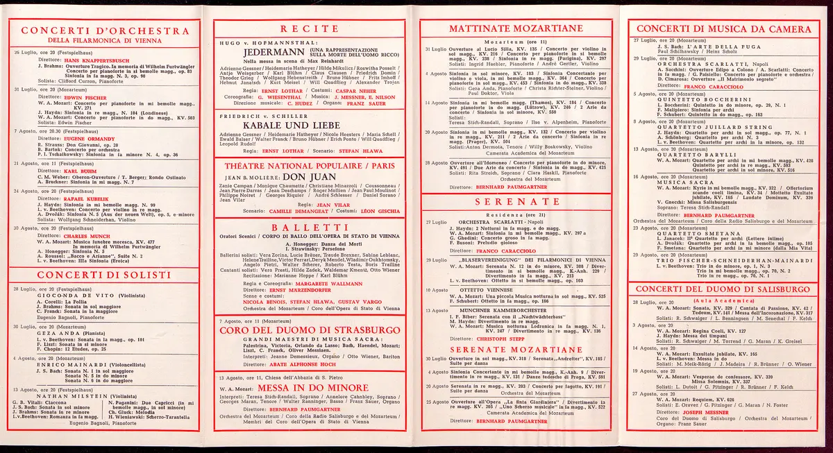 Salzburger Festspiele 1955, Titel in Vorlageform: Salzburgo Festival musicale 1955, Verweis auf Stücktitel: Irische Legende, Verweis auf Stücktitel: Zauberflöte, Verweis auf Stücktitel: Entführung aus dem Serail, Verweis auf Stücktitel: Palestrina, Verweis auf Stücktitel: Ariadne auf Naxos, Verweis auf Stücktitel: Jedermann, Verweis auf Stücktitel: Kabale und Liebe