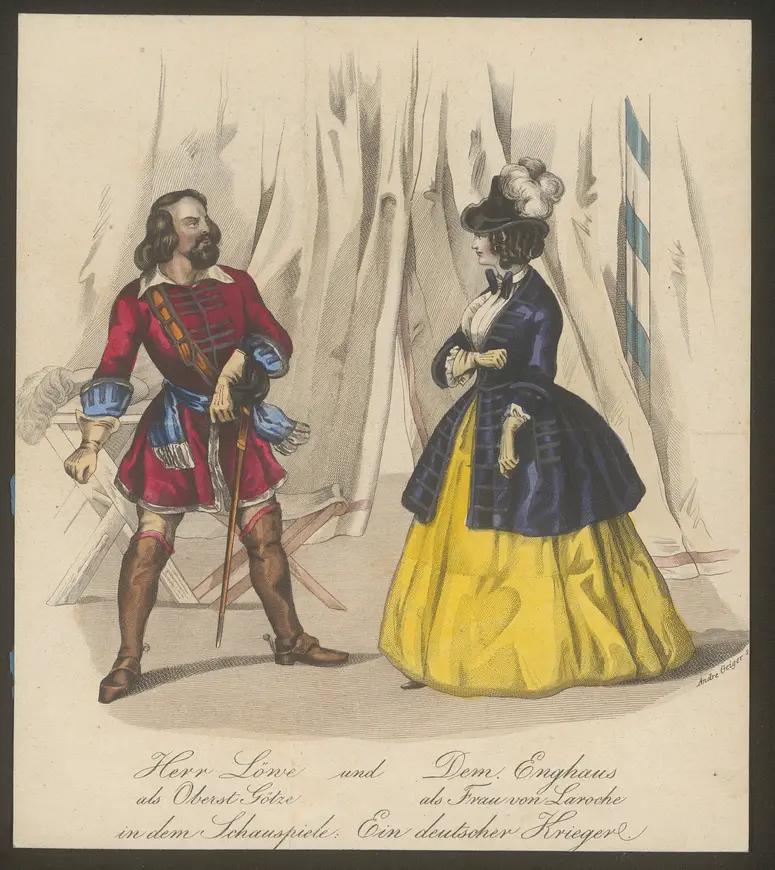 Ein deutscher Krieger, Titel in Vorlageform: Herr Löwe und Dem. Enghaus [...] in dem Schauspiele: Ein deutscher Krieger, Titel der Serie: Costume-Bild, Name der Zeitschrift: Wiener Theaterzeitung