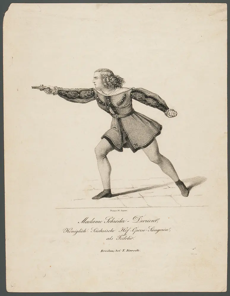 Wilhelmine Schröder-Devrient, Titel in Vorlageform: Madame Schröder-Devrient, Königlich Sächsische Hof-Opern-Sängerin, als Fidelio, Verweis auf Stücktitel: Fidelio