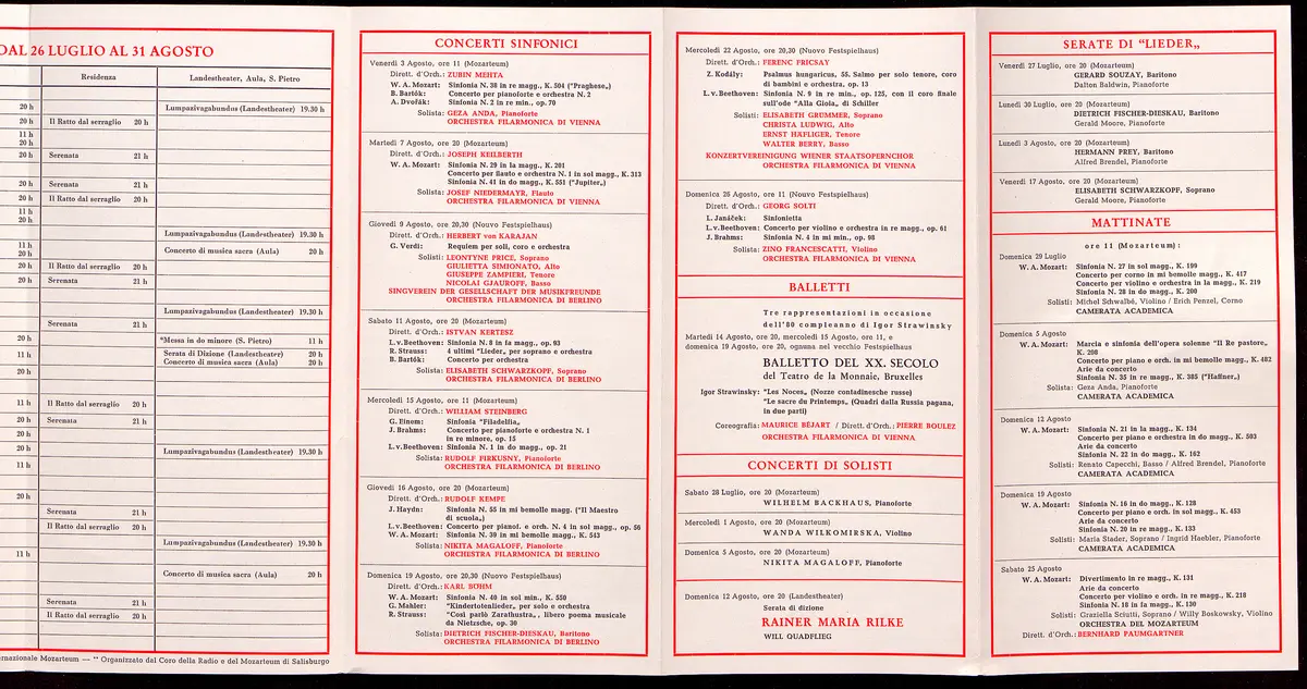 Salzburger Festspiele 1962, Titel in Vorlageform: Salzburgo Festival musicale 1962, Verweis auf Stücktitel: Iphigenie in Aulis, Verweis auf Stücktitel: Cosi fan tutte, Verweis auf Stücktitel: Die Entführung aus dem Serail, Verweis auf Stücktitel: Figaros Hochzeit, Verweis auf Stücktitel: Idomeneo, Verweis auf Stücktitel: Der Troubadour, Verweis auf Stücktitel: Jedermann, Verweis auf Stücktitel: Faust, Verweis auf Stücktitel: Lumpazivagabundus, Verweis auf Stücktitel: Der Bauer als Millionär
