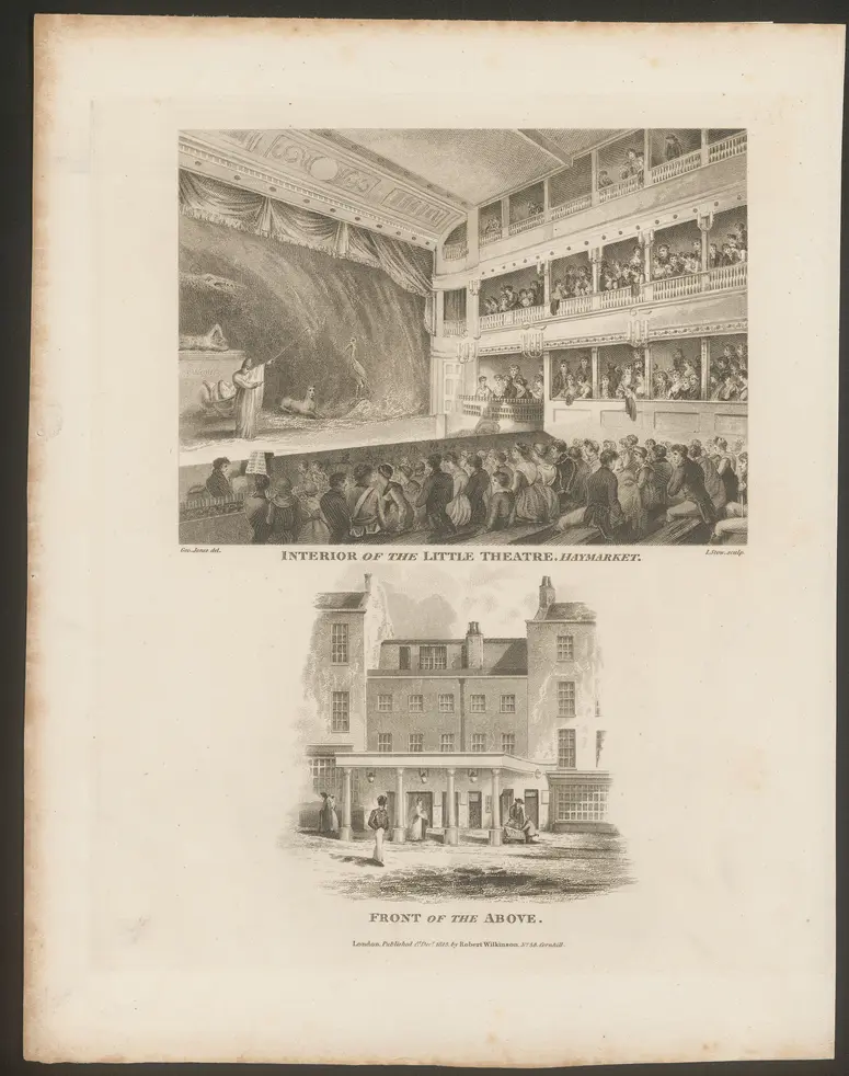 London, Haymarket Theatre, Alternativtitel: London, Little Theatre, Haymarket, Alternativtitel: London, Theatre Royal, Haymarket, Titel in Vorlageform: Interior of the Little Theatre, Haymarket. Front of the Above., Titel der Serie: Londina Illustrata
