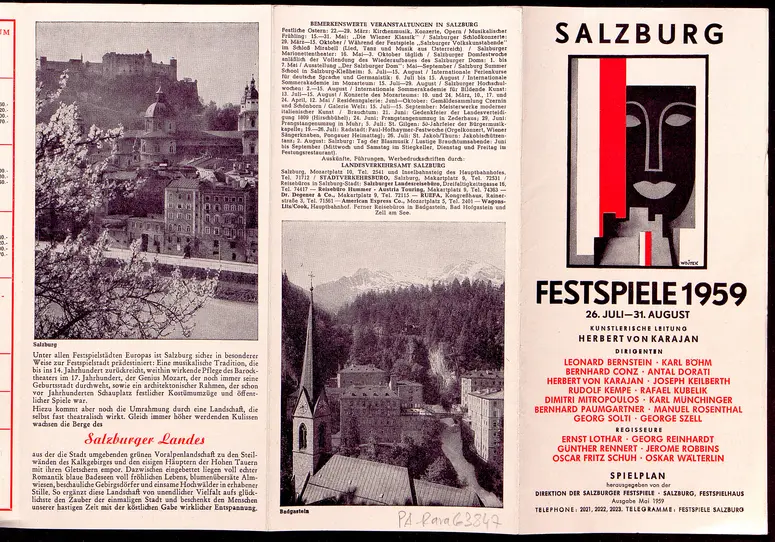 Salzburger Festspiele 1959, Verweis auf Stücktitel: Julietta, Verweis auf Stücktitel: Orpheus und Eurydike, Verweis auf Stücktitel: Die Welt auf dem Monde, Verweis auf Stücktitel: Cosi fan tutte, Der Zauberflöte, Verweis auf Stücktitel: Die schweigsame Frau, Verweis auf Stücktitel: Jedermann, Verweis auf Stücktitel: Donnerstag, Verweis auf Stücktitel: Der Turm