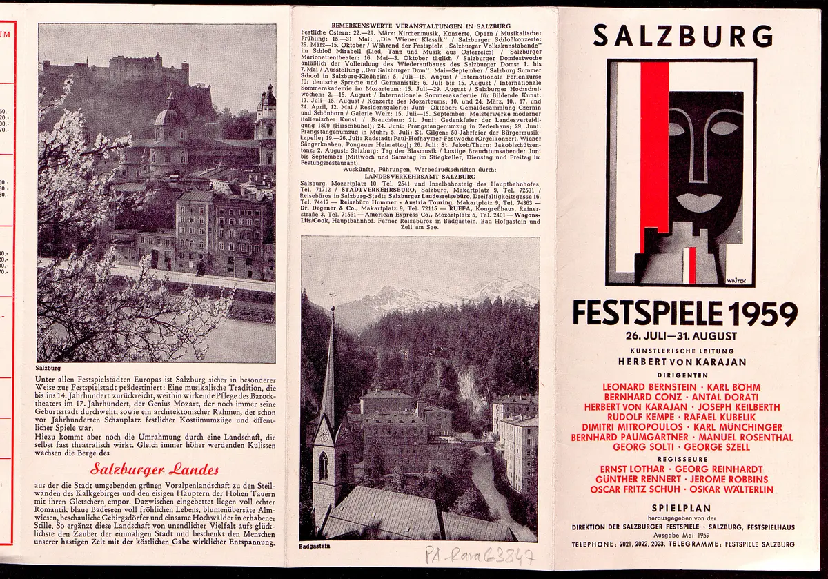 Salzburger Festspiele 1959, Verweis auf Stücktitel: Julietta, Verweis auf Stücktitel: Orpheus und Eurydike, Verweis auf Stücktitel: Die Welt auf dem Monde, Verweis auf Stücktitel: Cosi fan tutte, Der Zauberflöte, Verweis auf Stücktitel: Die schweigsame Frau, Verweis auf Stücktitel: Jedermann, Verweis auf Stücktitel: Donnerstag, Verweis auf Stücktitel: Der Turm